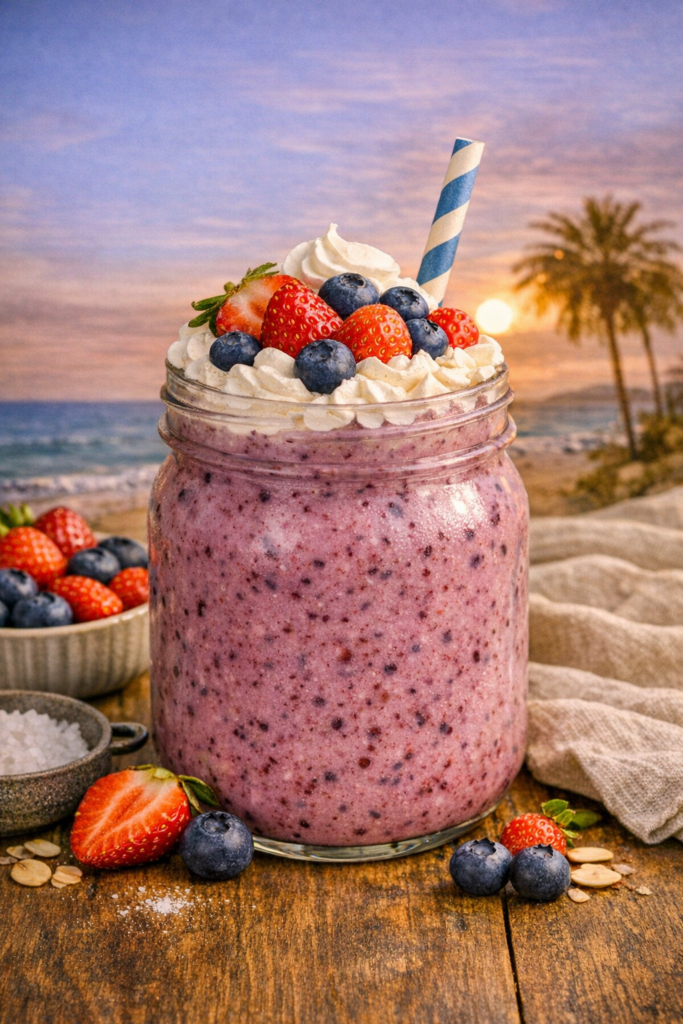 “California Berry Coast Smoothie in a mason jar topped with whipped cream, strawberries, blueberries, and a striped straw against a soft coastal background.”